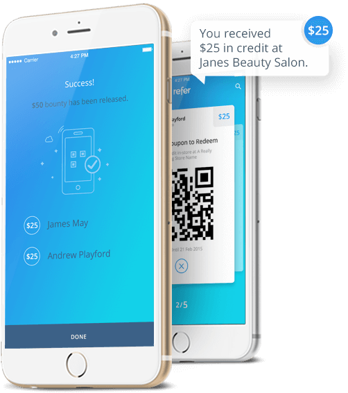 Two mobile phones with refer app redeeming a voucher